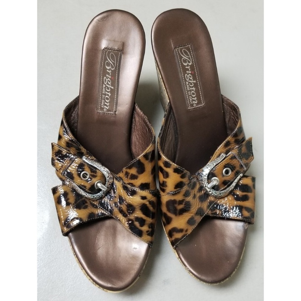 Brighton Shoes Summer Womens Size 7 Leather Cork Leopard Wedge Sandals Italy
